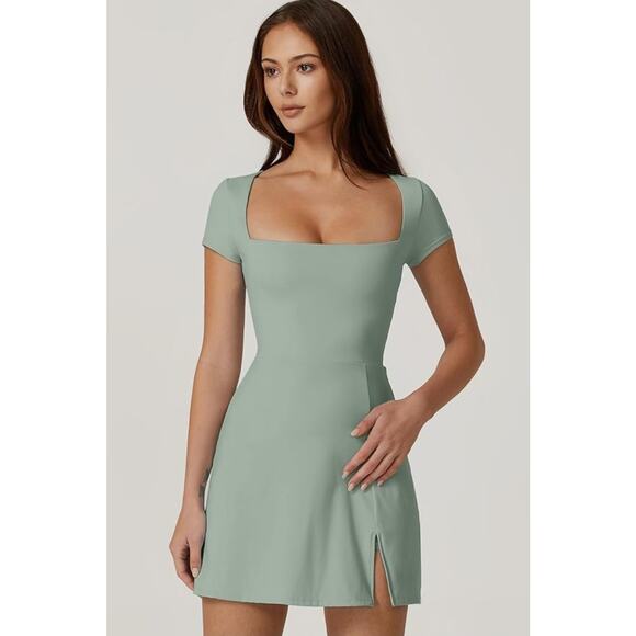 Tennis Dress for Women Square Neck, Skort w/ Pocket, Small, Smoke Green - Picture 5 of 8